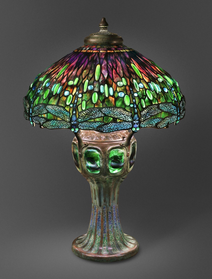 Lamp with Hanging Head Dragonfly Shade and Mosaic and Turtleback Base