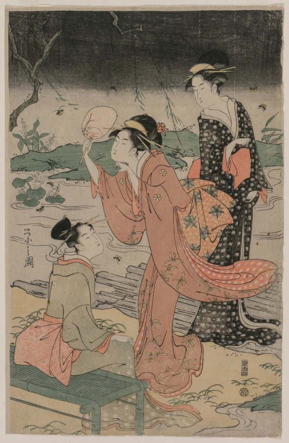 川辺で蛍を追う女たち