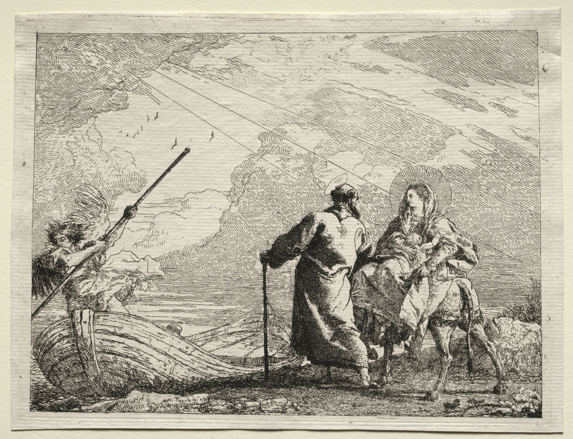 ジョヴァンニ・ドメニコ・ティエポロ《Flight into Egypt: The Holy Family Arriving at the Bank of the River》(クリーヴランド美術館蔵)