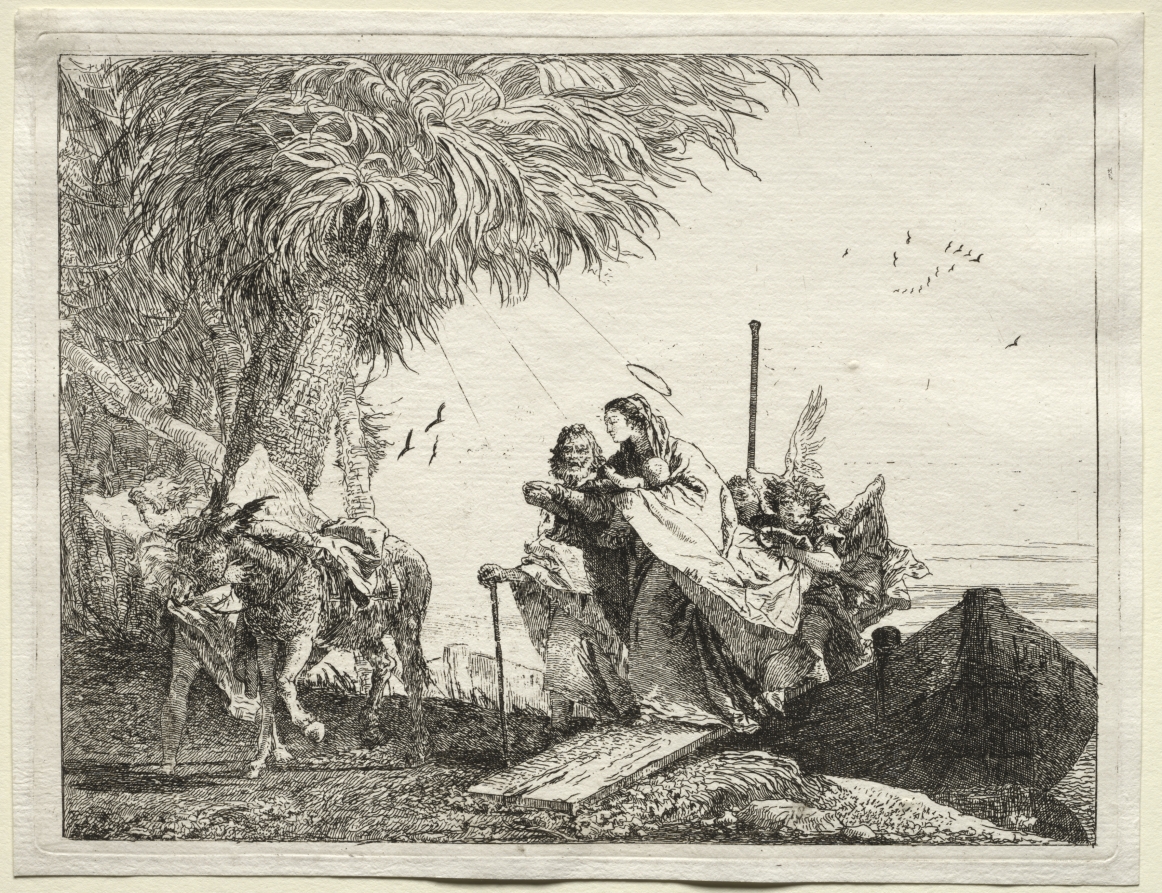 ジョヴァンニ・ドメニコ・ティエポロ《Flight into Egypt: The Holy Family, Disembarking》(クリーヴランド美術館蔵)