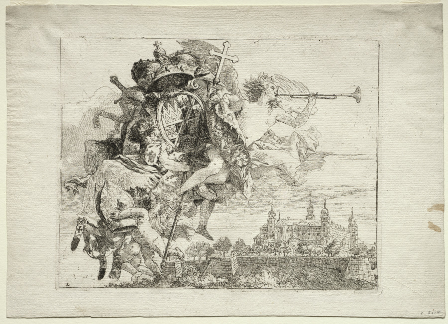 Flight into Egypt: Dedication with Winged Figure of Fame bearing the Arms of the Prince-Bishop of Wurzburg