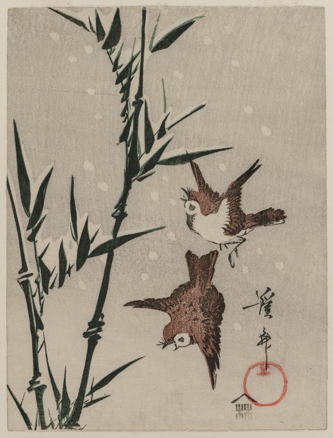 Sparrows, Bamboo and Falling Snow