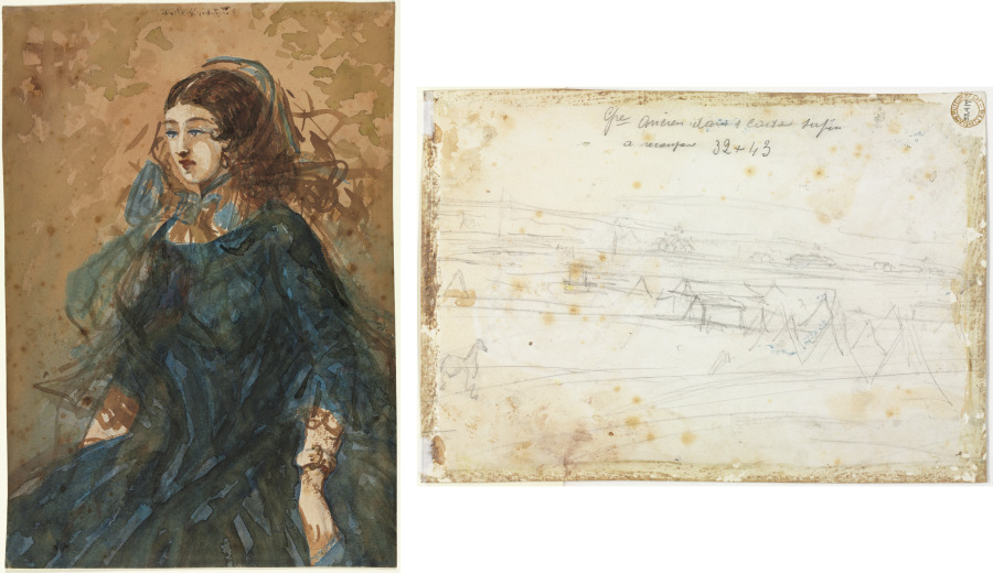 Woman in a Blue Dress (recto); War Encampment Scene (verso)