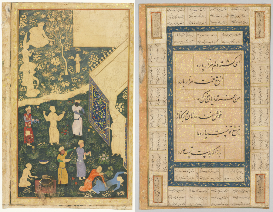 見開き画帖の左葉：王の野営地の外（表）、ペルシア語詩の書（裏）