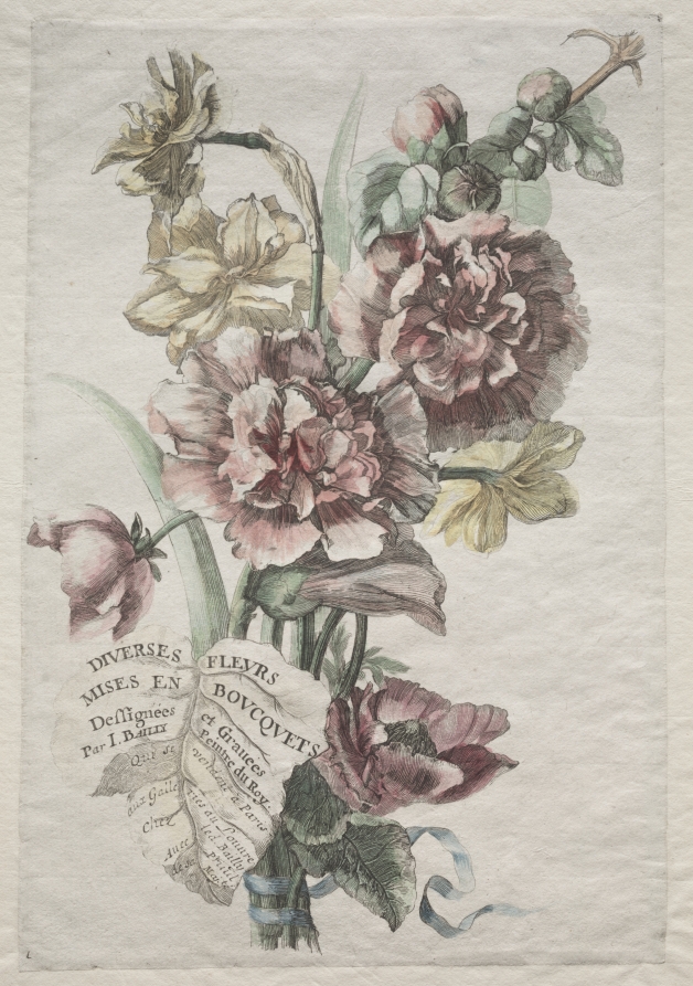 Divers fleurs mises en boucquets:  No. 1 – Hollyhocks and Narcissus