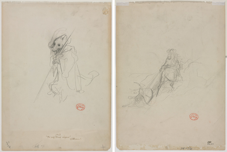 Sketch for "The Wolf Turned Shepherd" (recto) Sketch of Hunting Scene (verso)