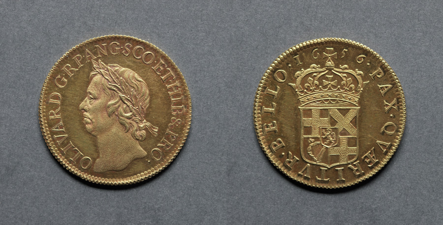 ブロード金貨：護国卿オリヴァー・クロムウェル（表）、王冠を戴く紋章盾（裏）