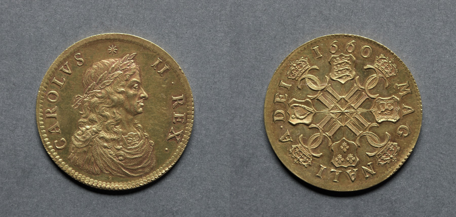 ブロード金貨：チャールズ二世（表）、紋章盾（裏）