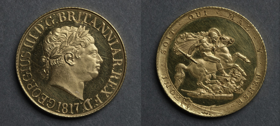 ソブリン金貨 ジョージ三世(表)、聖ゲオルギウスと竜(裏)