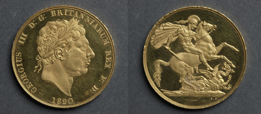 二ポンド金貨　ジョージ三世（表）、聖ゲオルギウスと竜（裏）