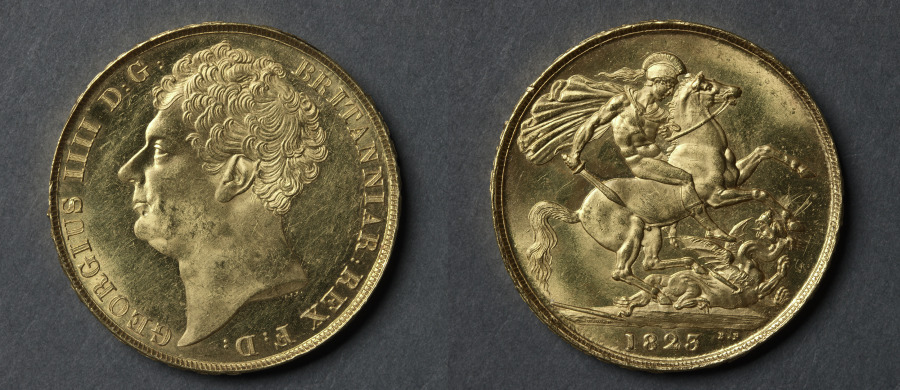 二ポンド金貨　ジョージ四世（表）、聖ゲオルギウスと竜（裏）