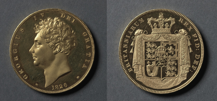 五ポンド金貨　ジョージ四世（表）、紋章の盾（裏）