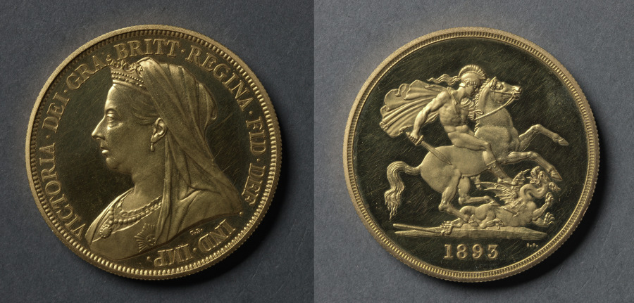 五ポンド金貨　ヴィクトリア女王（表）、聖ゲオルギウスと竜（裏）