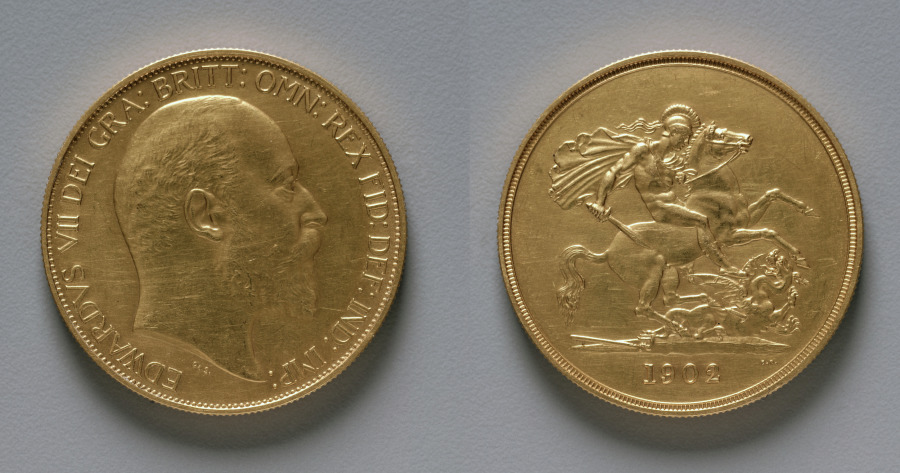 五ポンド金貨　エドワード七世（表）、聖ゲオルギウスと竜（裏）