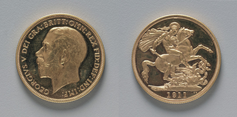 二ポンド貨：ジョージ五世（表）、聖ゲオルギウスと竜（裏）