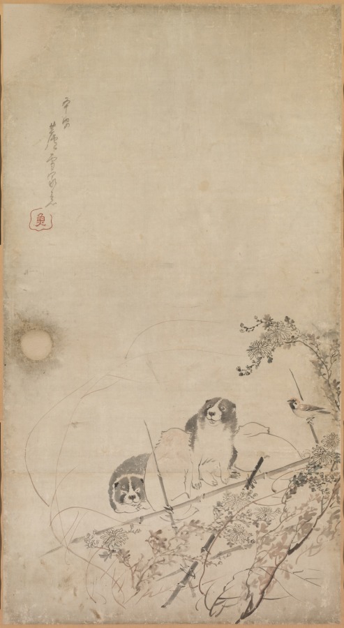 子犬と雀と菊
