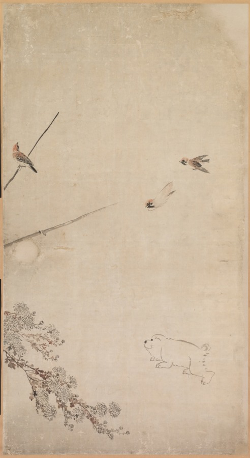 長沢芦雪《Puppies, Sparrows, and Chrysanthemums》(クリーヴランド美術館蔵)