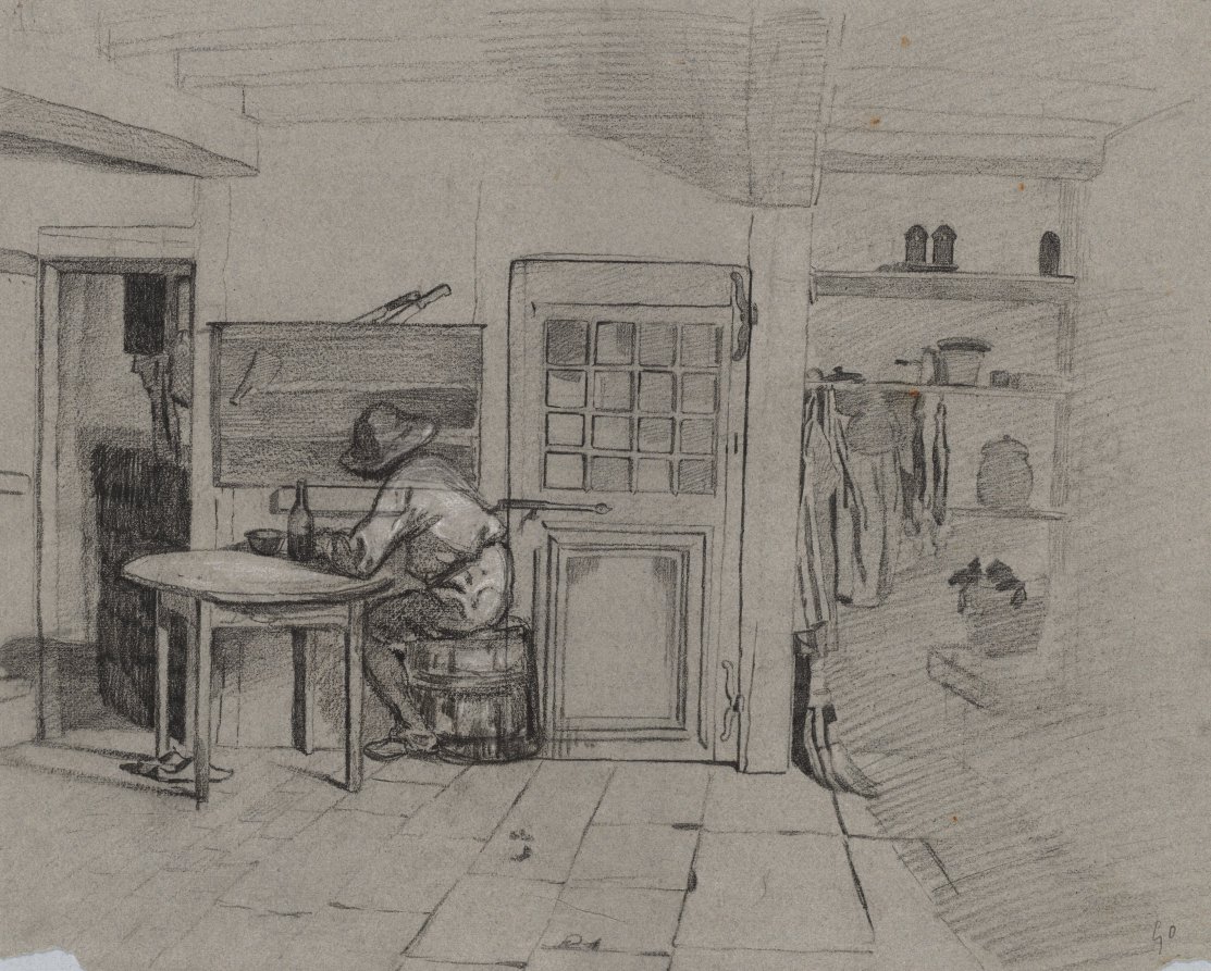 A Farmhouse Interior with a Boy at a Table