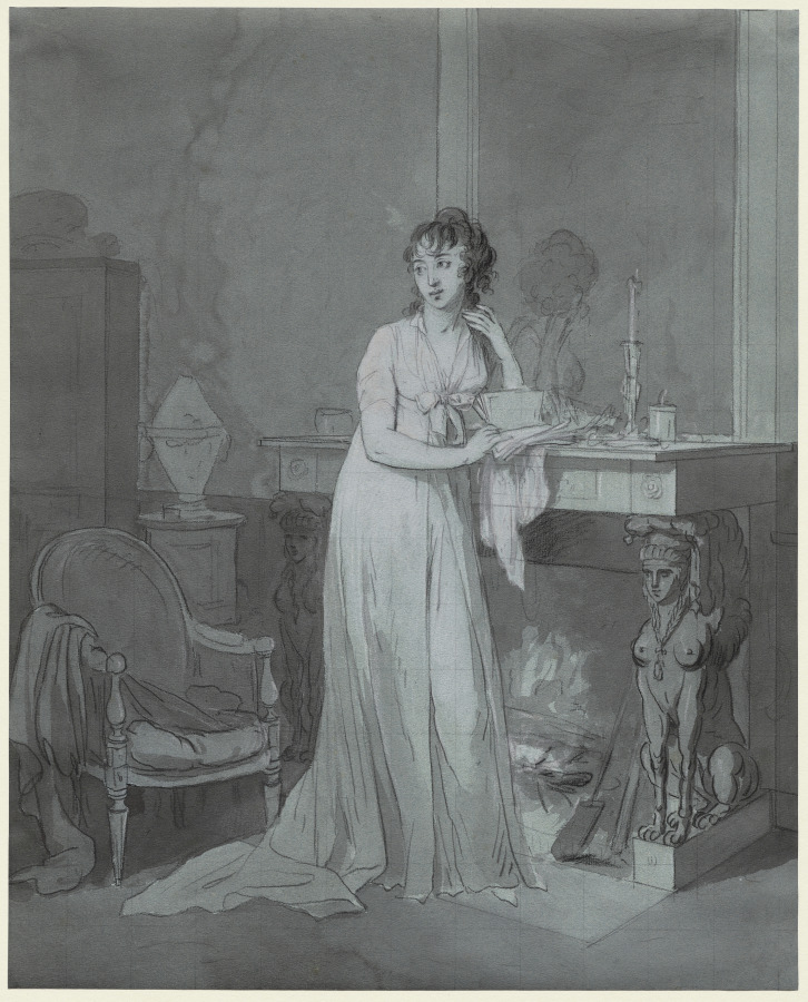 Woman in Front of a Fireplace