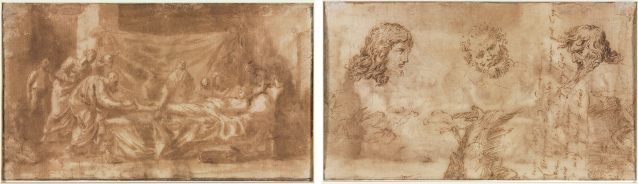 ニコラ・プッサン《Extreme Unction (recto); Three Heads and Other Sketches (verso)》（クリーヴランド美術館蔵）