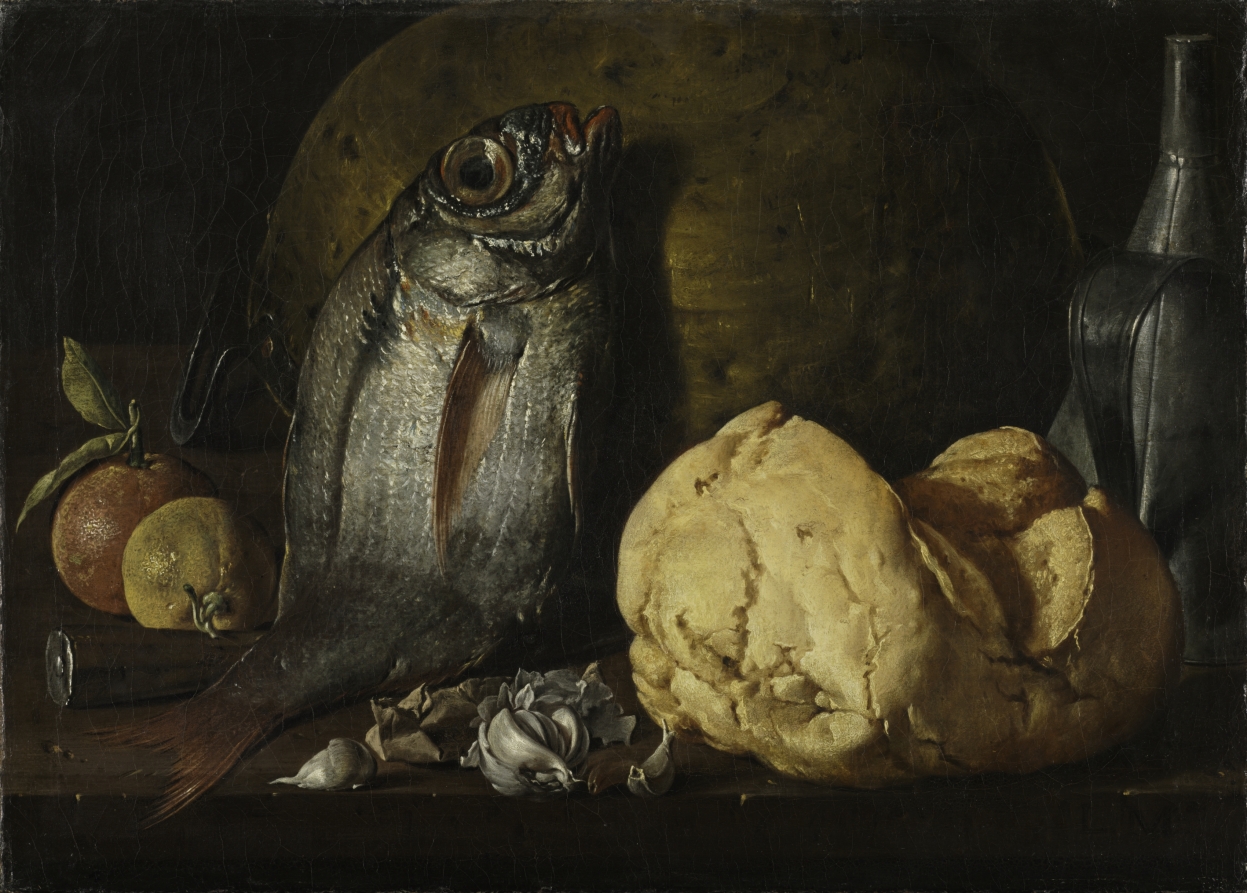 魚とパンと鍋のある静物