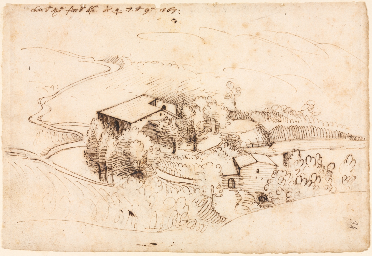 Gherardo Cibo《Farm with Trees in a Hilly Landscape (recto)》（クリーヴランド美術館蔵）
