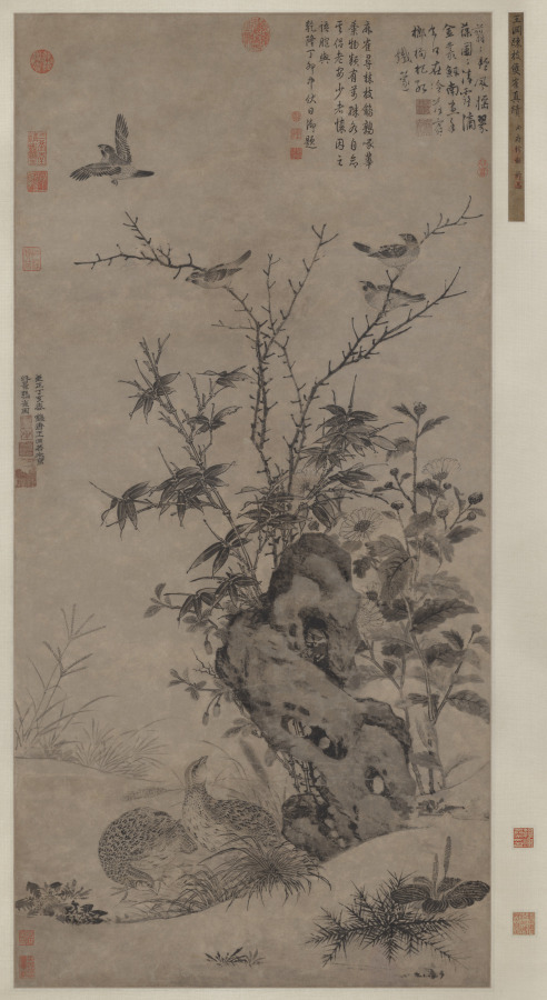 秋景の鶉と雀
