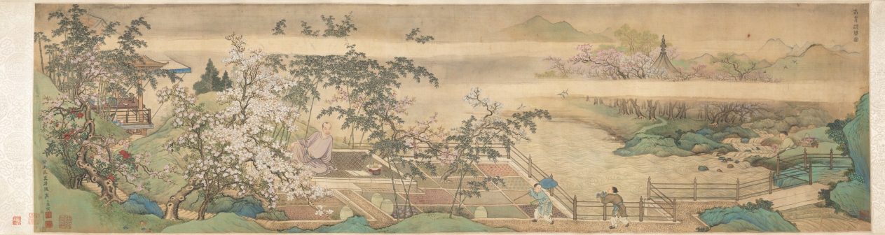 春の日に渓流で薬草を洗う