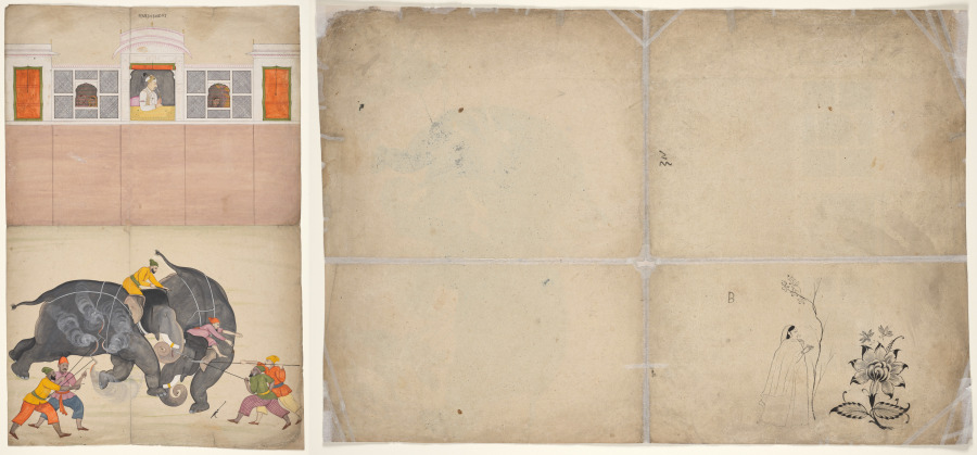 Two Elephants Fighting in a Courtyard Before Muhammad Shah