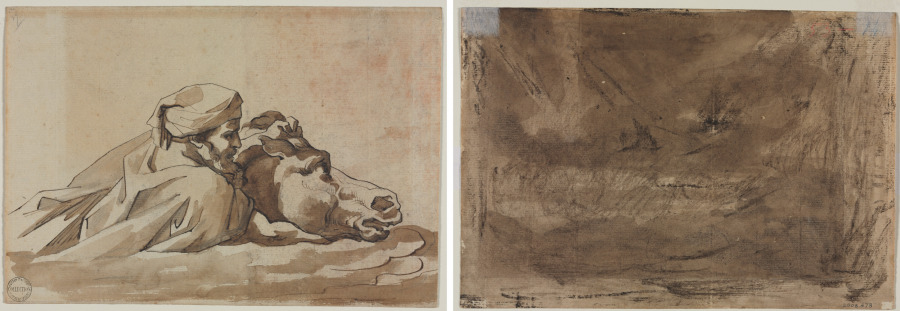 テオドール・ジェリコー《Man Clutching a Horse in Water, after Poussin's "Deluge" (recto); Compositional Study? (possibly for "Poussin's Deluge") (verso)》(クリーヴランド美術館蔵)