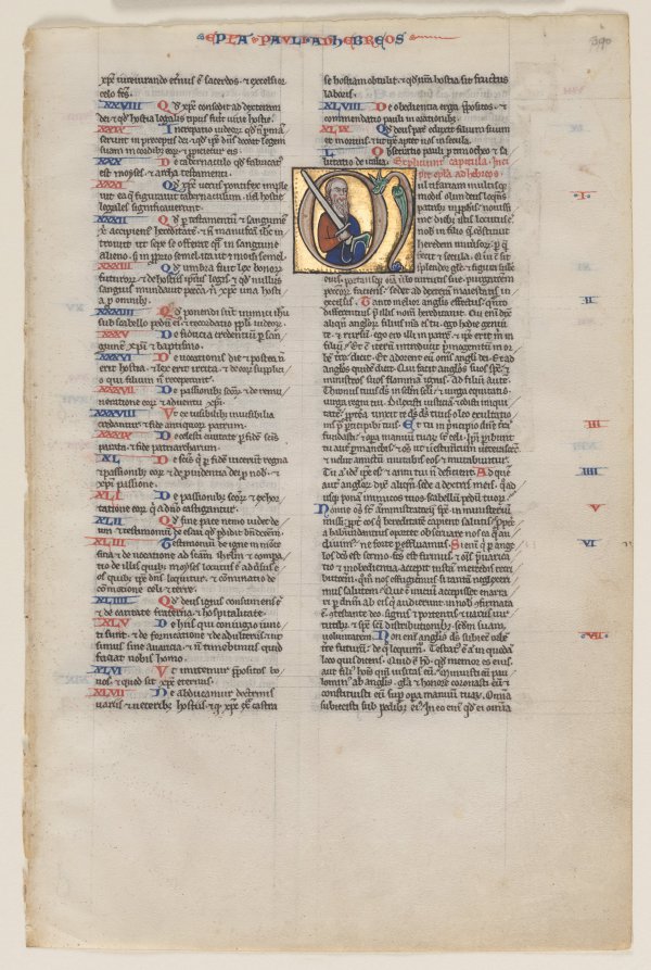 Vienna Moralized Bible Workshop《Leaf with Initial from a Latin Bible: Initial M: St. Paul with a Sword and a Book》(クリーヴランド美術館蔵)