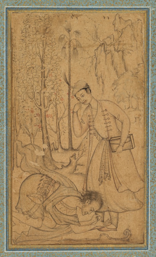 A holy man prostrating himself before a learned prince