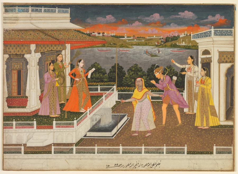 A blindfolded suitor is brought before a princess; verso: scrolling floral vines