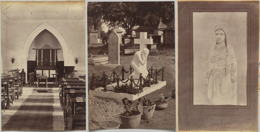 Interior of Church, Neemuch (recto, right); Grave of Dr. Falwasser, Neemuch (recto, left); Indian Lady 250 BC (verso, right)