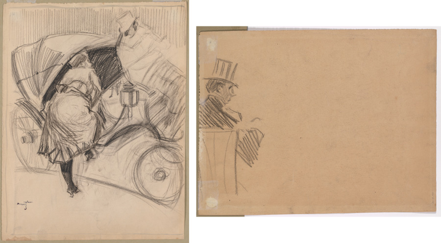 Woman Entering a Fiacre (recto); Right Profile of Man Wearing Tall Hat (verso)