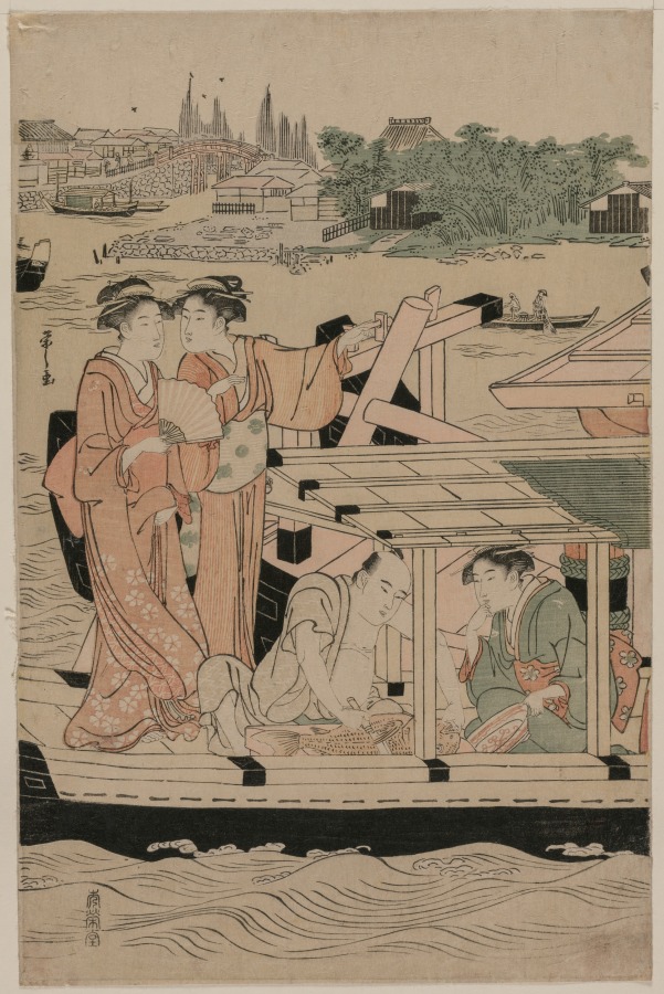 新大橋下の隅田川の屋形船（左端）