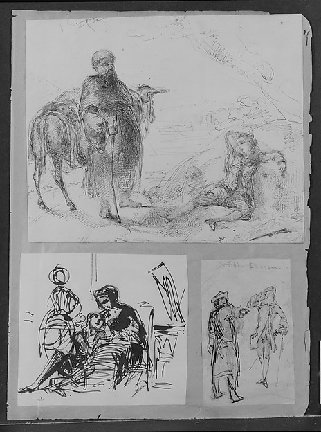 Man with Donkey and Reclining Boy (Recto); Two Areas Blocked in Blue: Head of Man, Female Head and Head (Verso) (from Sketchbook)