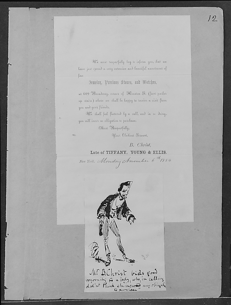 Printed Announcement from B. Christ to which is Glued Drawing with Inscription "W.B. Christ bids good morning . . . " (from Sketchbook)