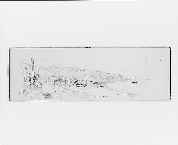 Village, Teepees, and Totem by a Bay (from Sketchbook X)
