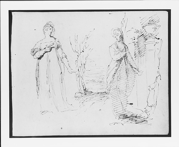 Two Standing Women Flanking an Opening onto a Landscape, Two Pedistals with Urns at Right (from Sketchbook)