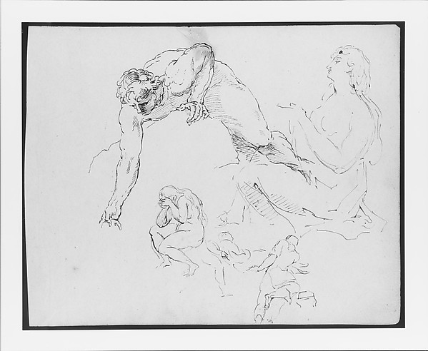 Nude Man Leaning Over Rock; Seated Female Figure; Seated Nude Female Figure with Hands to Face; Two Men Carrying Dead Body (from Sketchbook)