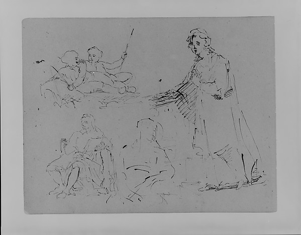 Five Figure Sketches: A Woman Descending a Staircase; Two Children Fishing; Male Seated; Woman Seated (from Sketchbook)