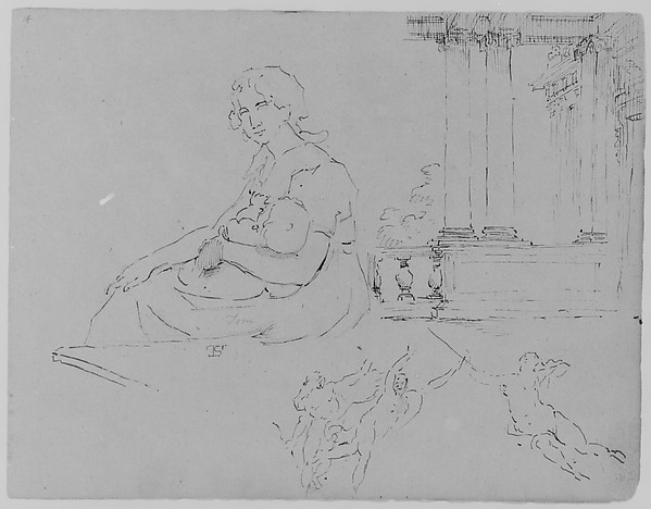 Seated Woman Holding Baby; Ionic Porch and Balustrade, Three Fleeting Figures (from Rubens Massacre of Innocents? Or Allegory of War) (from Sketchbook)
