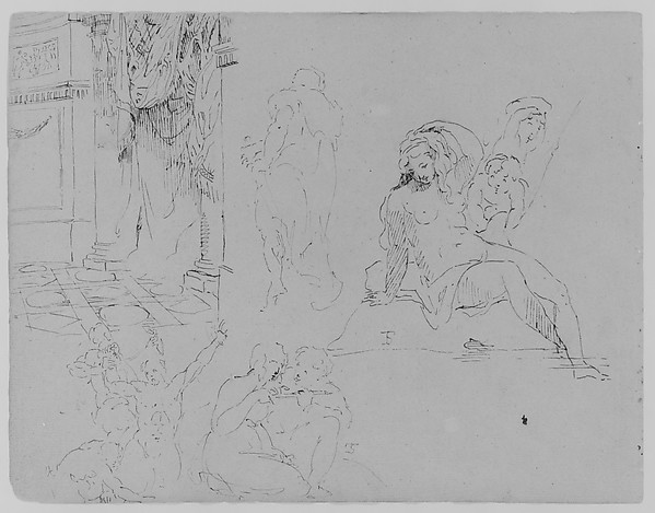 Doric Rotunda Interior with Curtains; Four Figure Studies, Including a Female Nude Bather with Putti, and a Martyrdom [of St. Bartholomew?] (from Sketchbook)