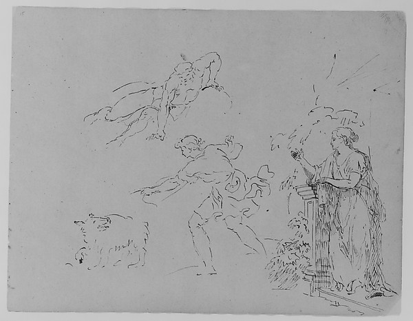Male [Breaking Fall]; Male Gesturing Toward Dog; Female on Step Leaning Against Column by Foliage (from Sketchbook)