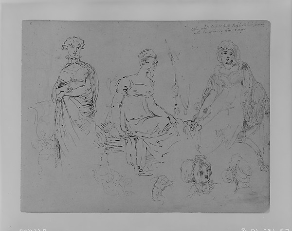 One Standing Woman; Two Seated Women in Fashionable Attire, All 3/4 Length; Two Female Heads in Bonnets (from Sketchbook)