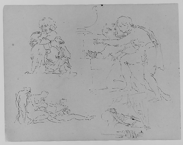 Child with Dog; Two Figures in Encounter; Two Figures and Child Attending to Dying Male [?]; Figure on Deathbed (from Sketchbook)