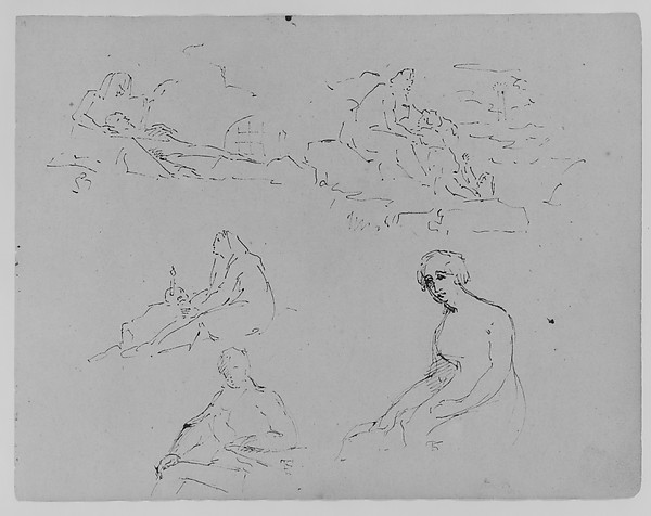 Lamentation (?); Mother and Child in Landscape; Penitent Magdalene; Seated Male at Table; Seated Female Holding a Letter (Batsheba, after Rembrandt) (from Sketchbook)
