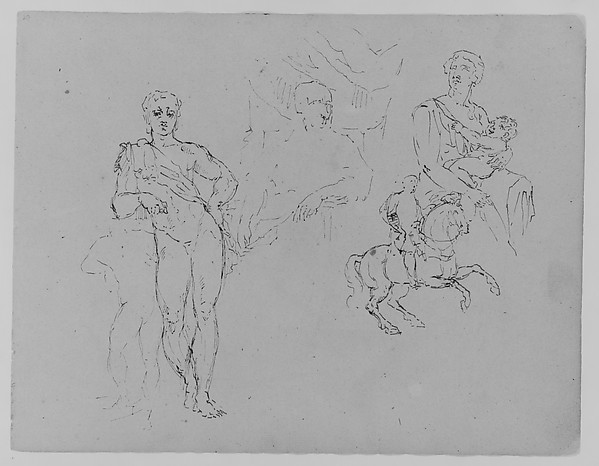 Unfinished Standing Classical Male Nude; Cardinal Bentivoglio after Van Dyke; Mother and Child; Equestrian Figure (from Sketchbook)
