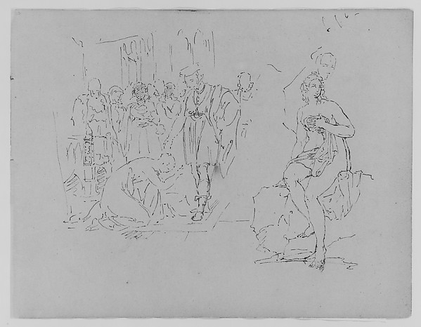 Woman Prostrate Before a Nobleman; Nude Bather Seated on a Rock (Diana?) (from Sketchbook)